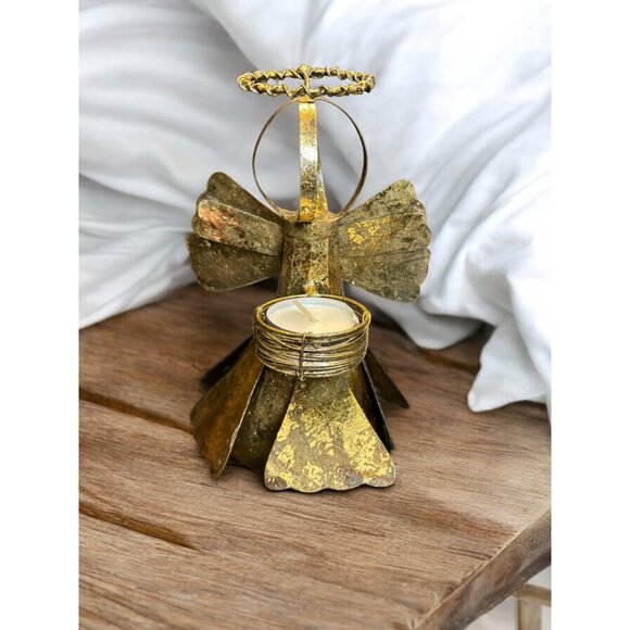 Vintage Gold Angel Tea Light Candle Holder 8" Metal - Picture 1 of 7